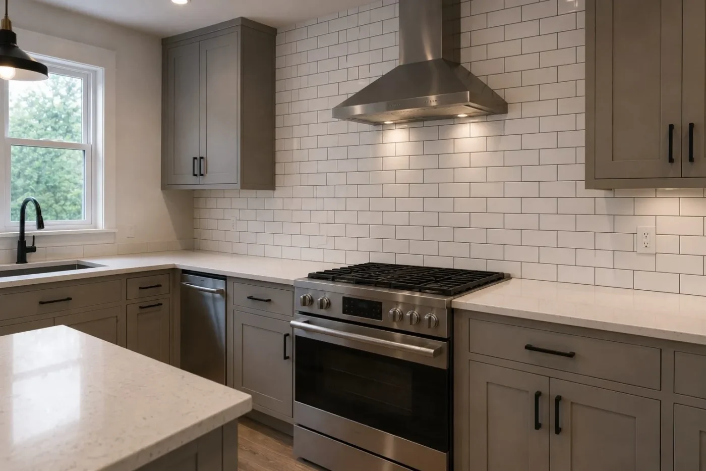 White subway tile backsplash with contrasting dark grout running to the ceiling in a Carrollwood kitchen remodel by CMK Construction