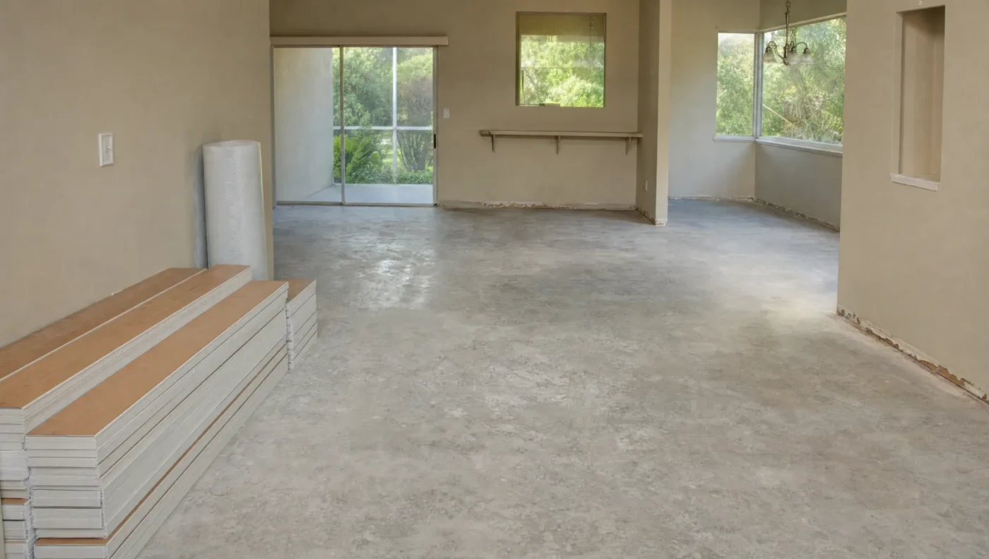 Great room mid flooring replacement with old carpet and tile removed down to the concrete slab, new plank flooring stacked and a roll of underlayment