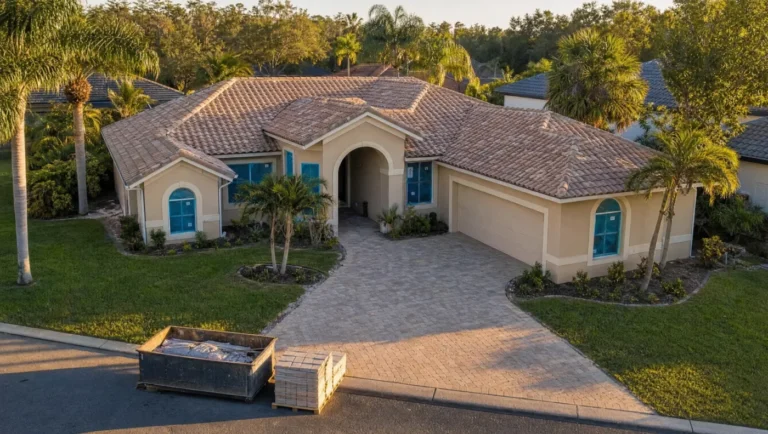 Aerial view of a 1990s stucco home in Tampa Bay finishing a whole-home renovation with new tile roof and impact windows