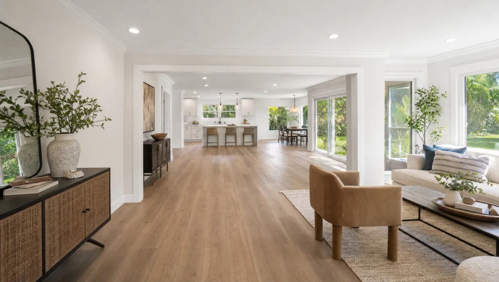ully renovated open-concept living room and kitchen in a Tampa Bay home after a whole-home renovation