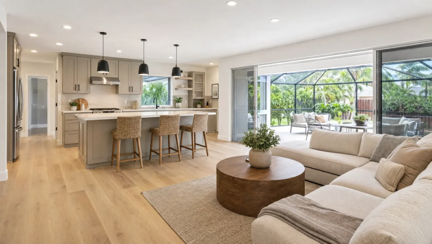 Finished whole-house renovation in a Florida home with greige shaker cabinets, a quartz island with woven stools, light oak floors running into the family room and sliding doors to a screened lanai