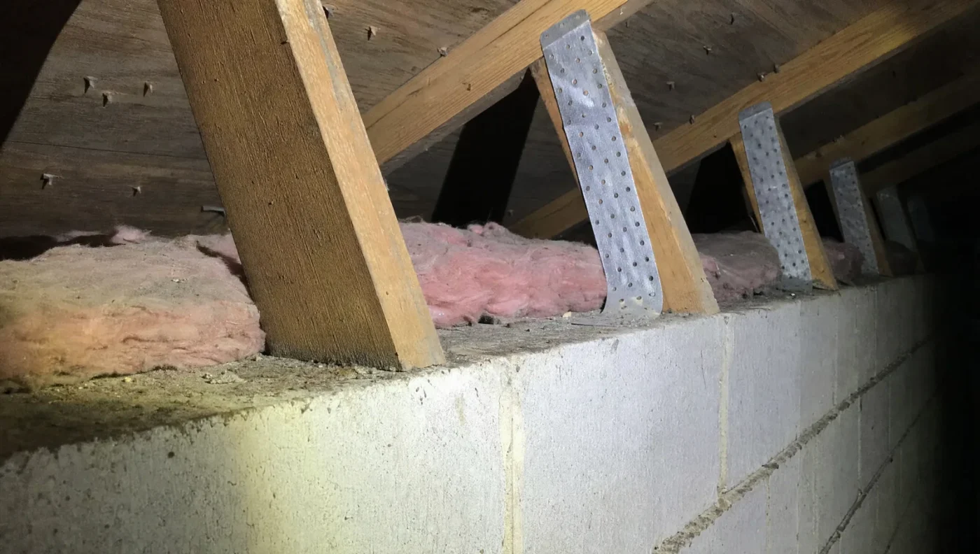 Galvanized hurricane straps running from the top of a concrete block wall up the side of each wood roof truss in a Florida attic, lit by a flashlight during a wind mitigation inspection