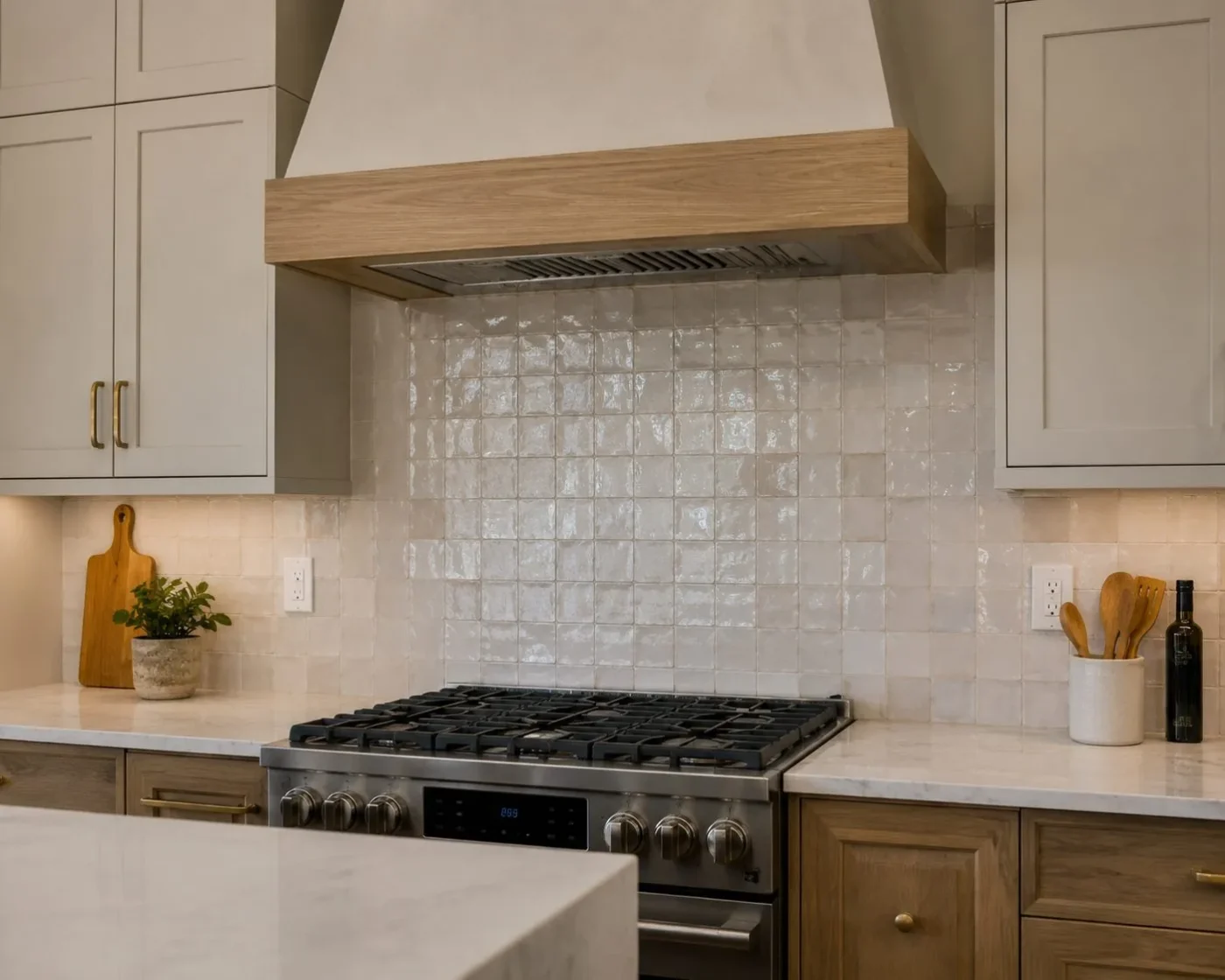 Handmade look zellige style square tile backsplash in a Palm Harbor kitchen remodel by CMK Construction